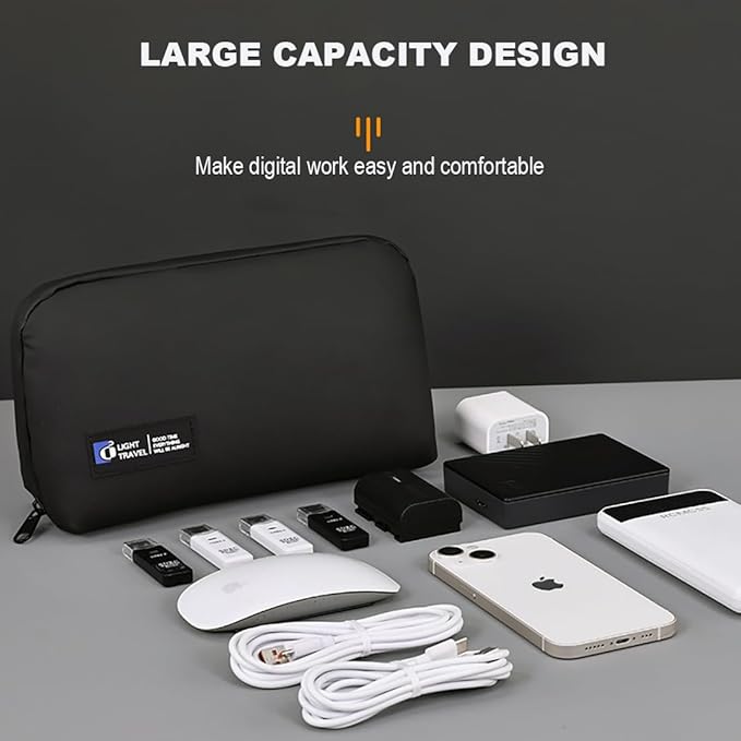 Electronics Organizer Bag, Travel Digital Storage Pouch for Cable, Cord, Earphone, USB Flash Drive, Power Bank, Hard Drive, Portable Tech Travel Case with Multi-Compartment (Black)