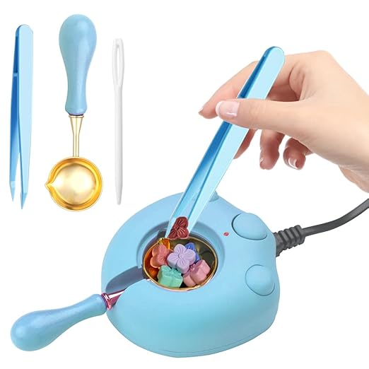 Blue Electric Wax Seal Warmer with Spoon and Tweezers Great Tool for DIY Melting Sealing Wax Beads and Sticks (Blue)