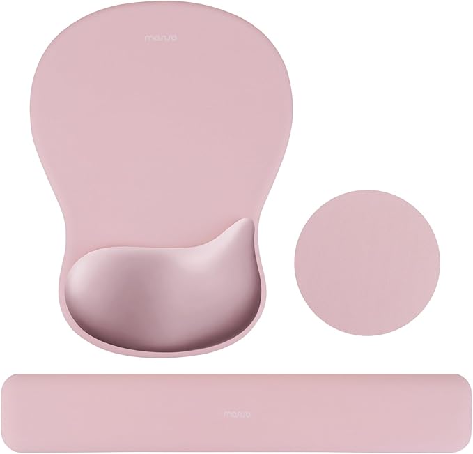 MOSISO Wrist Rest Support for Mouse Pad&Keyboard Set, Ergonomic Mousepad&Coaster, Non-Slip Base Home/Office Rectangular Easy Typing Cushion Pad with Soft Cloth&Curved Concave Memory Foam, Pink