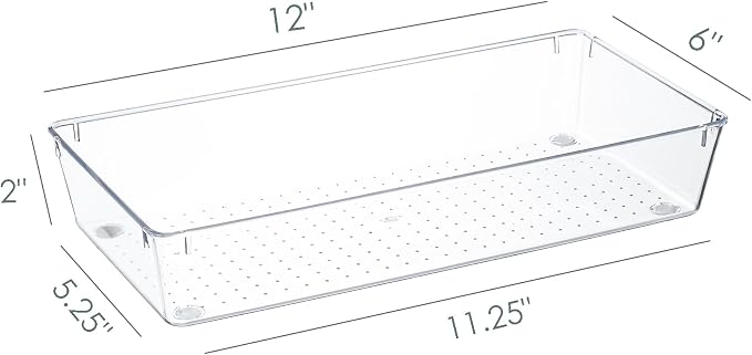 Kingrol 6 Pack 12 x 6 x 2 Inch Clear Drawer Organizer Trays, Desk Drawer Divider Storage Bins, Storage Box Set for Utensils Junks Vanities Makeups Jewelry Office Craft Supplies