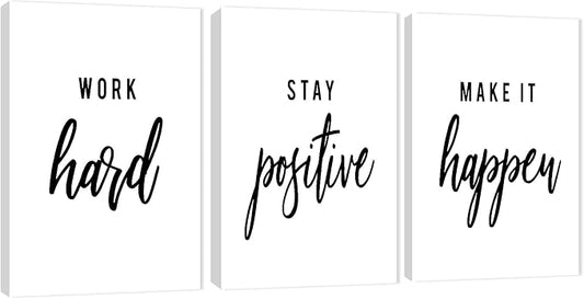 3 Piece Inspirational Wall Art, White Motivational Mindset Picture, Quote Work Stay Make It Canvas Print for Office Decor, Triptych Entrepreneur Poster Framed Artwork for Gym Wall Decor (48" Wx24 H)