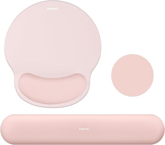Mouse Pad and Keyboard Wrist Rest, 3-in-1 Gel Memory Foam Ergonomic Mouse Pad with Wrist Rest Set, Gaming Mousepad Arm Cushion Support for Computer Office Desk Accessories Cute Setup, Pink