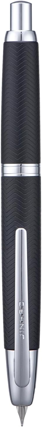 Jinhao 10 Press Fountain Pen with Box, Wavy Matt Black Chromium Retractable Fine Nib with Converter Set (Silver Clip)