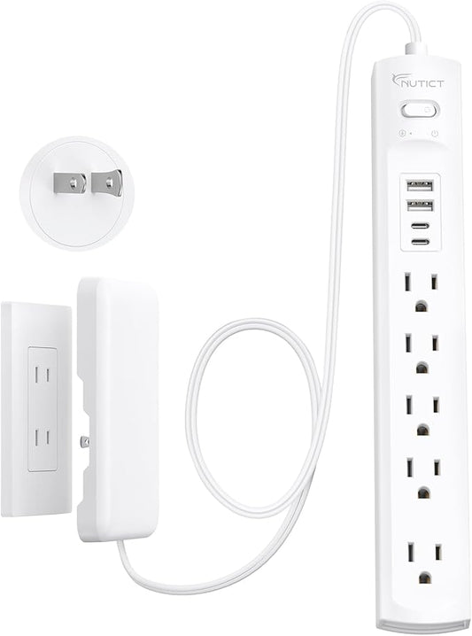 2 Prong Power Strip, NUTICT 2 Prong to 3 Prong Outlet Adapter, 3FT Flat Extension Cord with Outlet Cover, 5-Outlet & 4 USB Ports, 1440J Surge Protector, Wall Mountable, Ideal for Old House, White