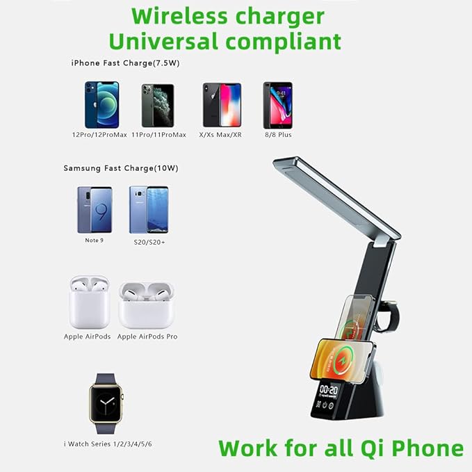IHAO 6in1 Multifunctional Foldable LED Table Lamp with Wireless Charger Digital Alarm Clock Eye-Care Lighting 3 Color Modes 15W Qi Charger for Phone/Headphones, iWatch Charger Compatible-N61Black