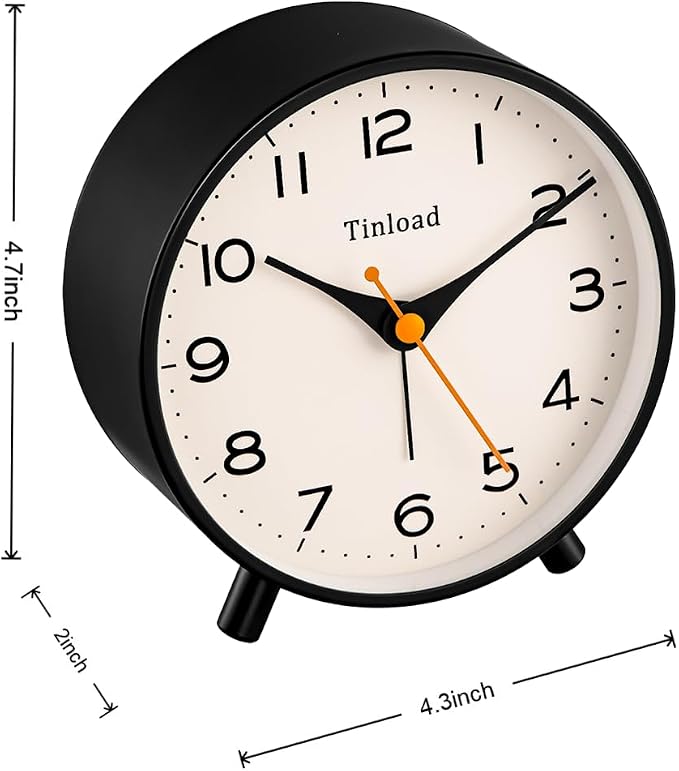 Tinload 4.5" Antique Retro Analog Alarm Clock, Small Silent Bedside Desk Clock,Lighted on Demand, Battery Operated, Snooze, for Living Room, Bedroom, Bedside(Black)