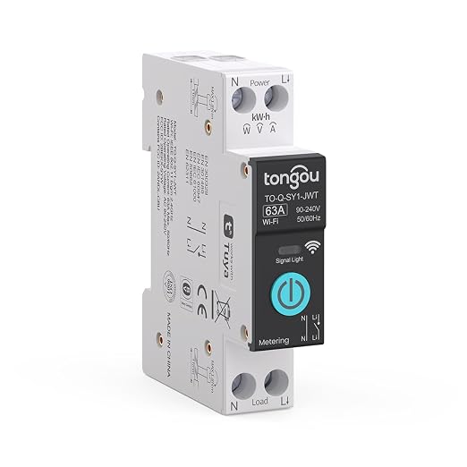 TONGOU DIY 1P+N Smart Wi-Fi Switch, Work with Alexa and Google Assistant for Voice Control, 63A with Energy Monitor, Smart Life/Tuya APP Remote Control, Timer Functions, DIN Rail Mounted,FCC Certified