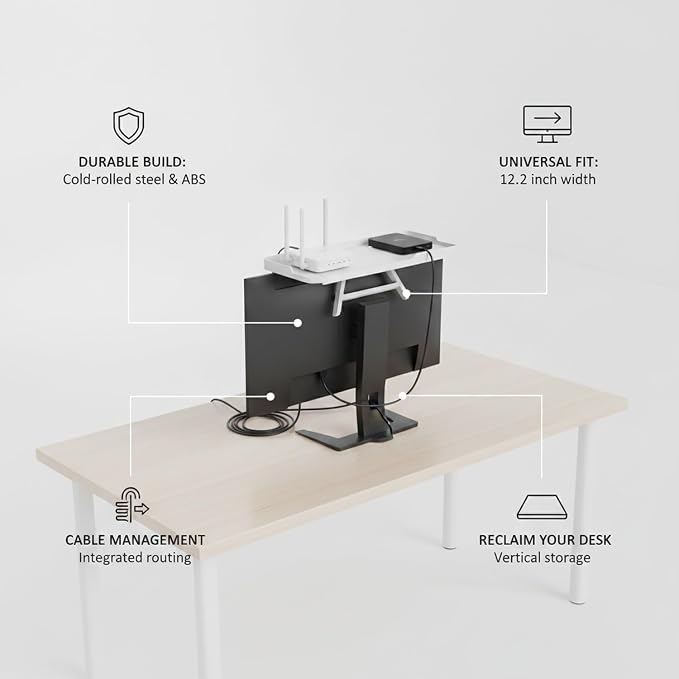 White Monitor Top Shelf with Cable Management, Steel Desk Organizer for Router and Modem, No-Drill Installation