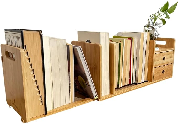 Desktop Bookshelf Expandable with Two Drawer Organizers Made of Bamboo, Collapsible Design & Compartments for Efficient, Clutter-Free Workspace Organization - Sleek Bookshelf
