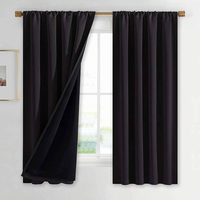 NICETOWN Complete 100% Blackout Curtains, Thermal Insulated & Energy Efficiency Window Draperies with Black Liner, Noise Reducing Drapes, Kids (Black, 42 inches W by 63 inches L, Double Panels,Adult)