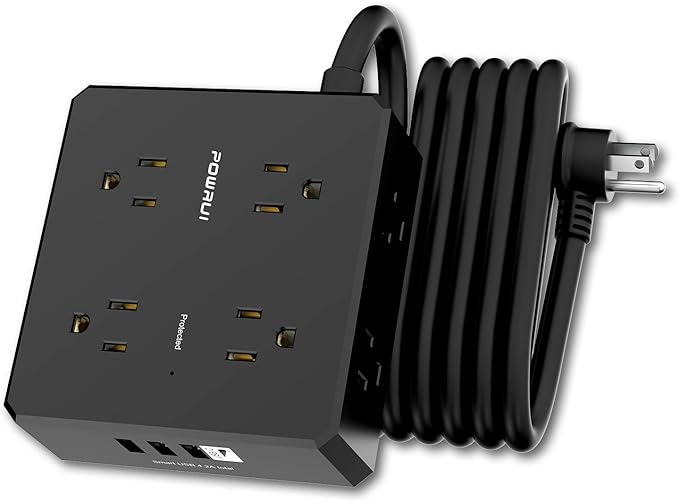 Surge Protector Power Strip - 10 Ft Flat Plug Extension Cord with 8 Widely Outlets and 4 USB Ports(1 USB C), 3 Side Outlet Extender for Home Office, Black, ETL Listed