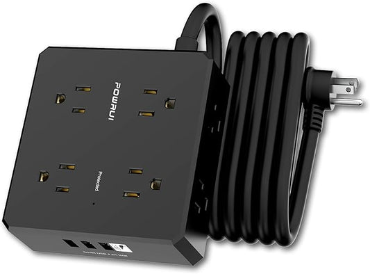 Surge Protector Power Strip - 10 Ft Flat Plug Extension Cord with 8 Widely Outlets and 4 USB Ports(1 USB C), 3 Side Outlet Extender for Home Office, Black, ETL Listed