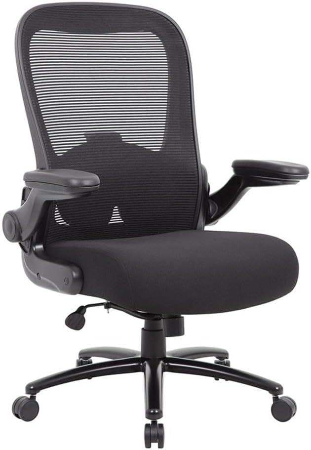 Scranton & Co Heavy Duty Flip Arm Mesh Task Chair, 400 lb Capacity, Adjustable Lumbar Support, Black Fabric Upholstery, 30.5" W x 30" D x 43.5-46.5" H, Ergonomic Office Chair for Home or Workplace