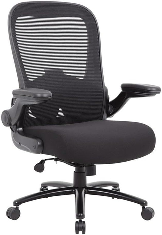 Pemberly Row Heavy Duty Flip Arm Mesh Task Chair, 400 lbs Weight Capacity, Black Upholstered Seat, Adjustable Tilt and Lumbar Support, Steel Base with Casters, Ergonomic Office Chair 30.5"W X 30"D X