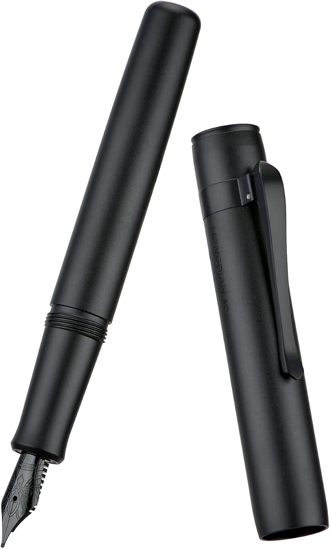 HONG DIAN M2 Black Forest Mini Fountain Pen, Medium Soft Nib & Sleek Shape Aluminium Short Pocket Travel Pen (Matte Black)