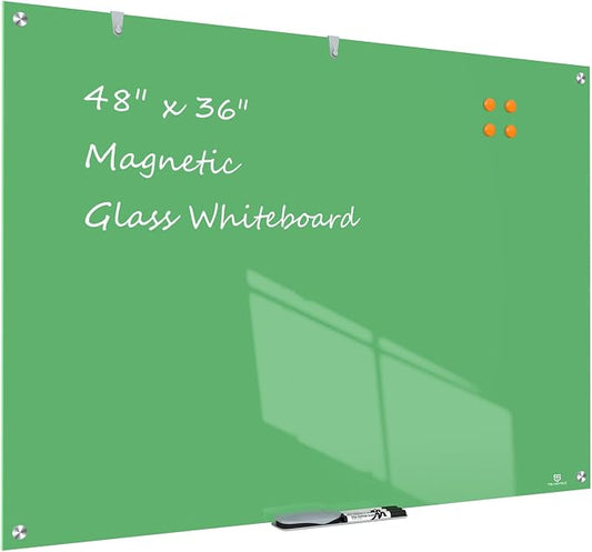 TSJ OFFICE Glass Dry-Erase Board - 48 x 36 Inches Wall Mounted Magnetic Whiteboard, Large Frameless Glass White Board for Office, Home & School, Green