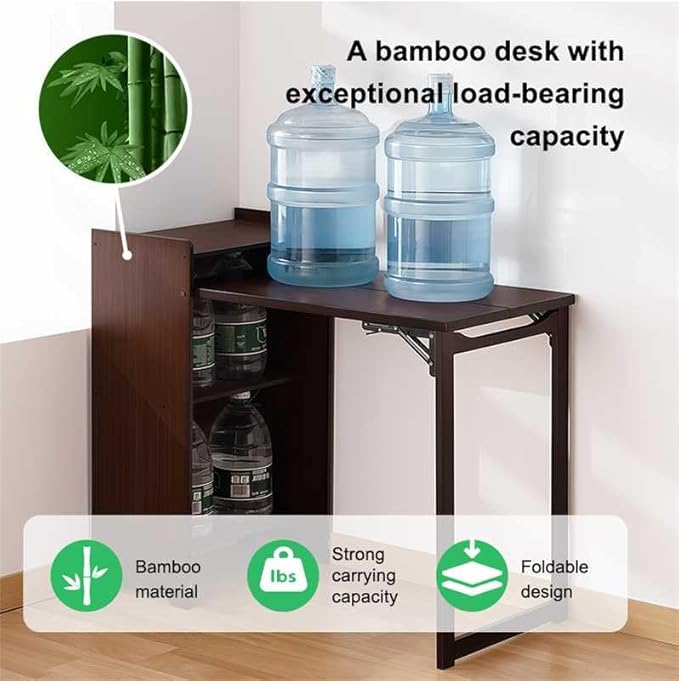 Bamboo Folding Out Desk with Storage Shelves, Expandable Hidden Computer Desk, Foldable Space-Saving Pull Out Murphy Table, Writing Table for Home Office Bedroom Small Spaces (Walnut)