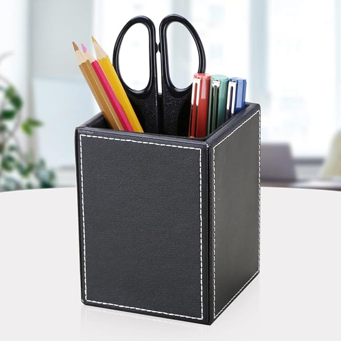 PU Leather Square Pens Pencils Holder Cup Desktop Stationery Organizer Case Office Accessories Container Box (black)