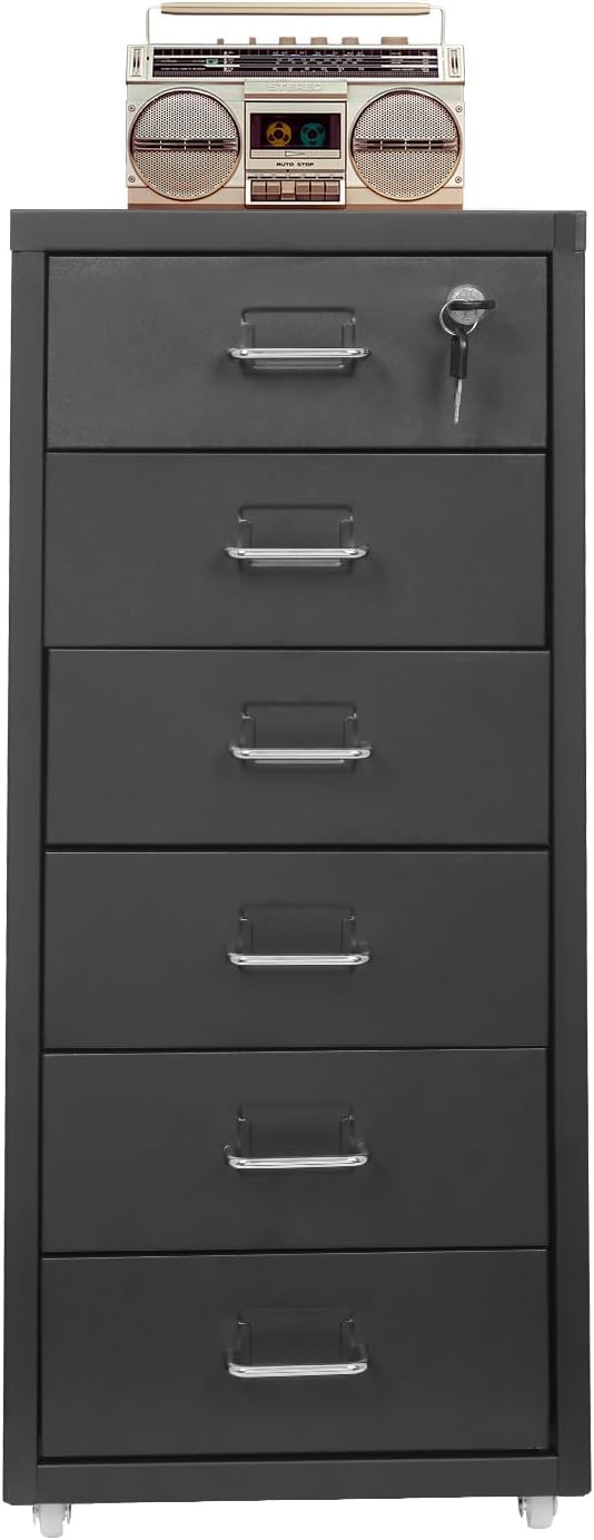 6 Drawer File Cabinet with Lock, Freestanding Filing Metal Drawers Organizer Vertical Metal Rolling Organizer Movable Under Desk Cabinet with Wheels for Home Office Living Room Study (6 Tiers Black)