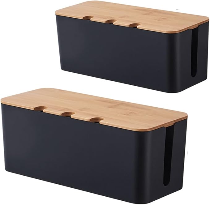 Cable Management Box with Bamboo Lid, Cord Organizer Box to Hide Wires & Power Strips, Extension Cord Power Stripe Surge Protector Wire Concealer Organizer Cover Hider (black-2pcs)
