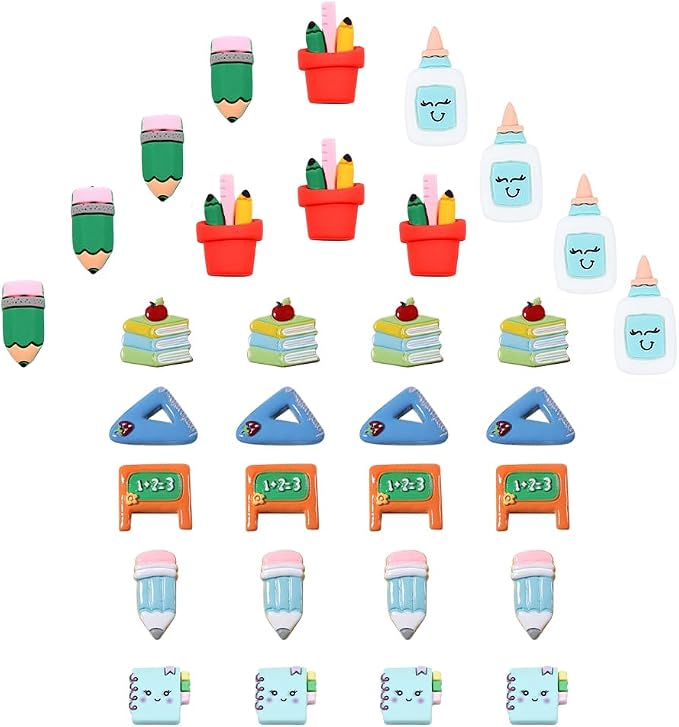 SUNNYCLUE Resin Cabochons Back to School Resin Charms Teacher School Themed Resin Charms No Hole Flat Back Brush Pencil Eraser Ruler Notebook Shape Colorful Cabochon for Hair Clips DIY Crafts