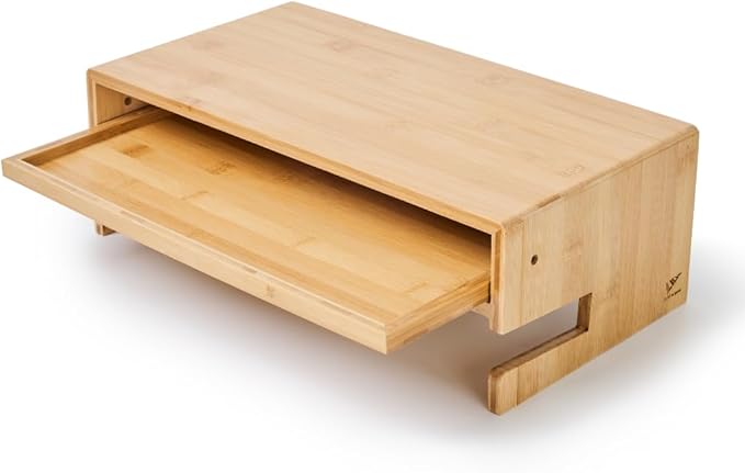 Wood Monitor Stand Riser Organizer for Desk Top with Storage Drawer & Phone Holder,Bamboo Monitor Stand with Keyboard Tray, Non Slip Desk Riser, Desk stand for computer monitor