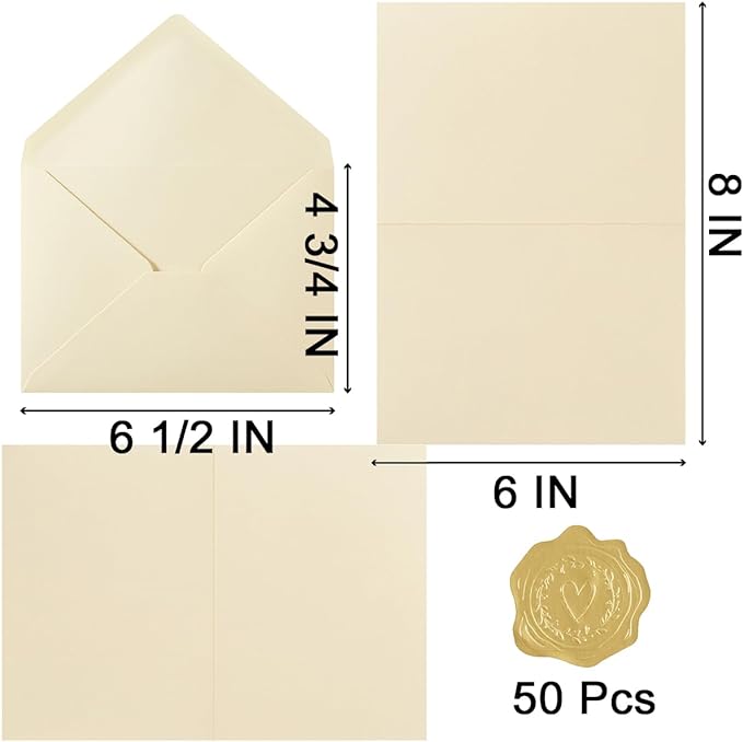 50 Pack Cream A6 Envelopes with Cards and Gold Stickers, 4x6 | With Thick Folded Cardstock, For Greeting Cards, Wedding, Birthday, Invitations, Baby Showers