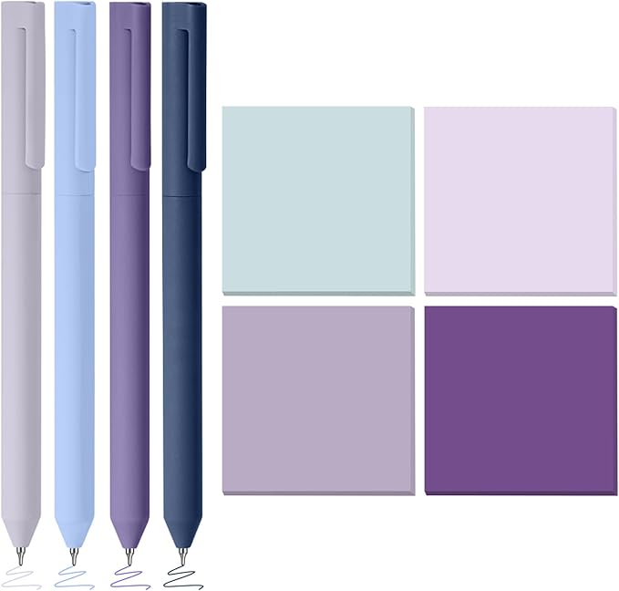 BAYTORY 320 Sheets Gradient Sticky Notes, 4 Pcs Rotatable Colored Gel Pens, Aesthetic Self-Stick Note & Multicolored Ink Pen, Colorful Memo Pads Easy to Post for Note Taking (Gradient Purple)