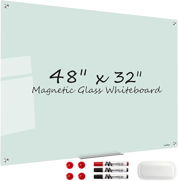 Glass Magnetic Dry Erase Board - TANKEE 48 x 32 Inches Frameless Glass Whiteboard for Wall, Modern Large White Board for Office Home School Classroom