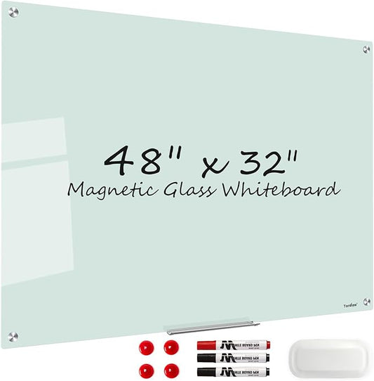Glass Magnetic Dry Erase Board - TANKEE 48 x 32 Inches Frameless Glass Whiteboard for Wall, Modern Large White Board for Office Home School Classroom