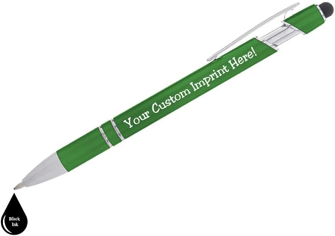 Express Pencils Modern Metallic Personalized Pens, Green, Ultra-Smooth Black Ink, Responsive Clip Action, Bright Finished Barrel, Capacitive Stylus Tip