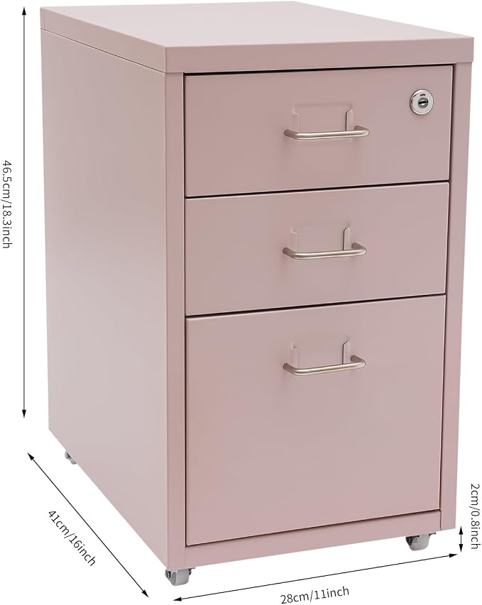 3 Drawer File Cabinet with Lock, Freestanding Filing Metal Drawers Organizer Vertical Metal Rolling Organizer Movable Under Desk Cabinet with Wheels for Home Office Living Room Study (3 Tiers Pink)