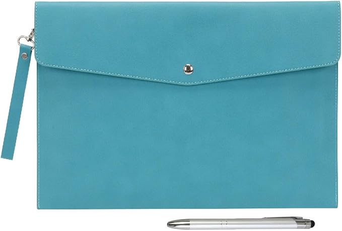 Wonderpool A4 Premium Faux Leather Envelope Documents Multifunction Folders Stationery Bag -Portfolio File for Paper Letter Stationery Organizer and Tablet Case PC Sleeve (Cyan)
