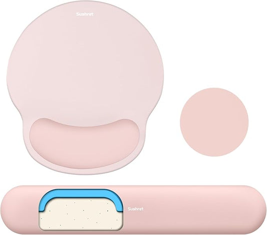 Mouse Pad and Keyboard Wrist Rest, 3-in-1 Gel Memory Foam Ergonomic Mouse Pad with Wrist Rest Set, Gaming Mousepad Arm Cushion Support for Computer Office Desk Accessories Cute Setup, Pink