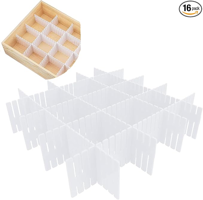 16Pcs Drawer Dividers Organizers Adjustable Drawer Organizer Kitchen Tidying DIY Storage Organizer Separator for Socks Underwear Lingerie Makeup Bedroom Office Storage (16Pcs White Color)