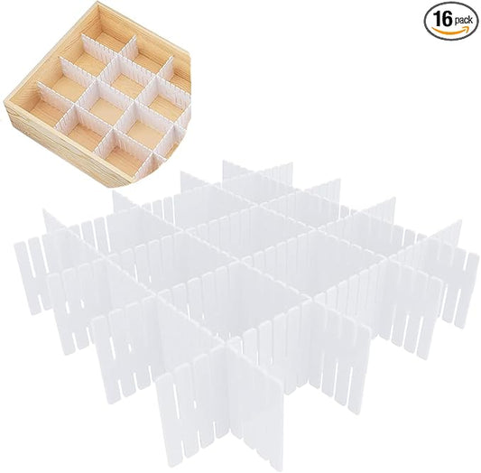 16Pcs Drawer Dividers Organizers Adjustable Drawer Organizer Kitchen Tidying DIY Storage Organizer Separator for Socks Underwear Lingerie Makeup Bedroom Office Storage (16Pcs White Color)