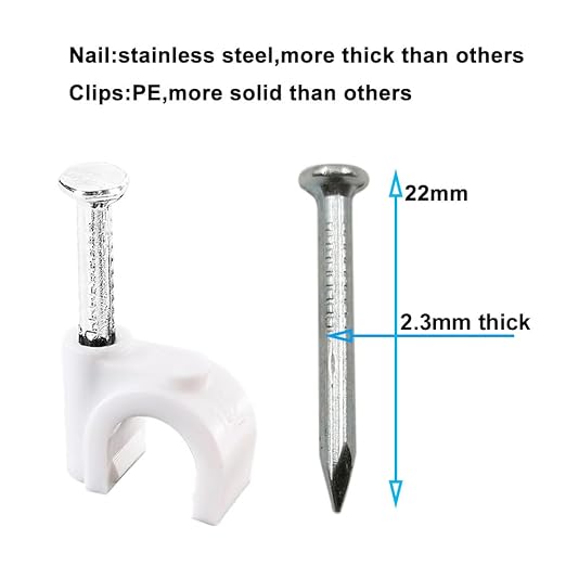 HS Cable Clips 8mm with Steel Nail 200 Pieces White,Ethernet Management U Shaped Wire Cord Staples Hooks for Outdoor Wall,Coax Cat7 RG8 Cable Extension Fasteners