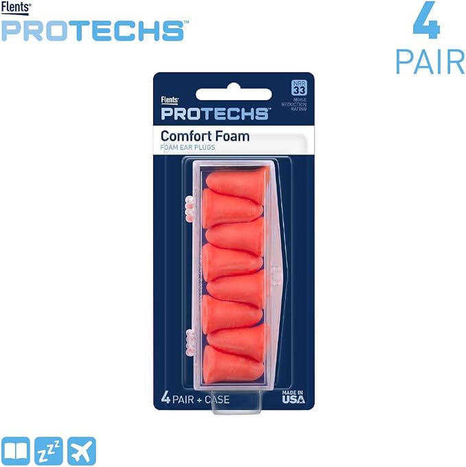 Flents Soft Foam Ear Plugs, 4 Pair with Convenient Travel Case, Comfortable Hearing Protection for Sleeping, Snoring, Studying, Travel, Concerts, and Work, 33 NRR, Orange, Made in The USA