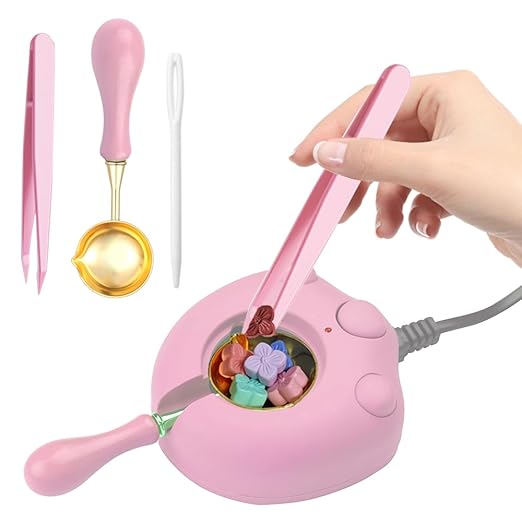 Pink Electric Wax Seal Warmer with Spoon and Tweezers Great Tool for DIY Melting Sealing Wax Beads and Sticks (Pink)