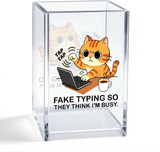 Tap Tap Fake Typing So They Think I'M Busy Acrylic Organizer Pencil Pen Holder, Cute Cat Office Desk Accessories Holder for Women HR Coworker Friend, Sarcastic Gifts for Coworker Accountant
