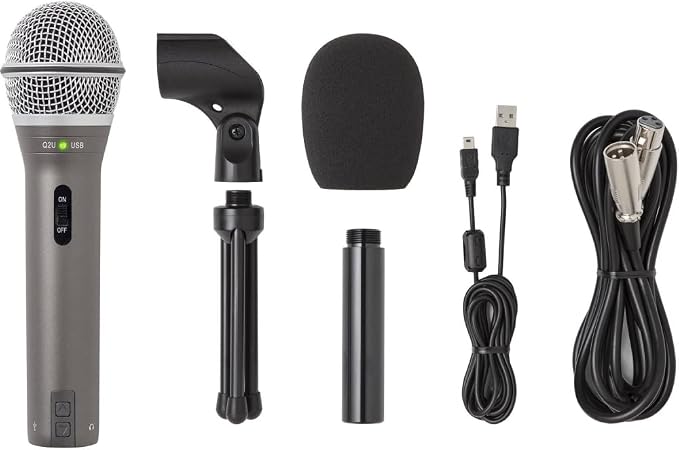 SAMSON Technologies Q2U USB/XLR Dynamic Microphone Recording and Podcasting Pack | Gray Bundled with Pop Filter + Mic Arm + Microfiber Cleaning Cloth (4 Items)