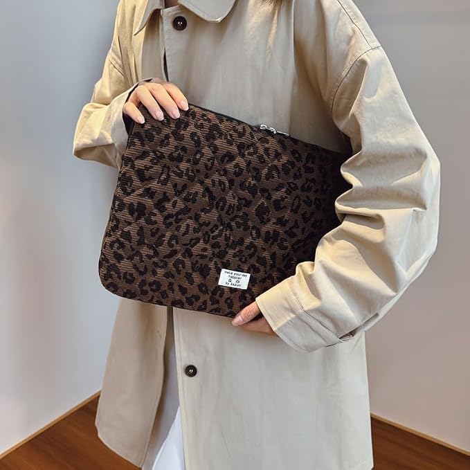 Leopard Puffy Laptop Sleeve 11,13,15 Inch Cheetah Print Quilted Laptop Case Protective Padded Computer Sleeve for MacBook (Coffee, 13-14 Inch)