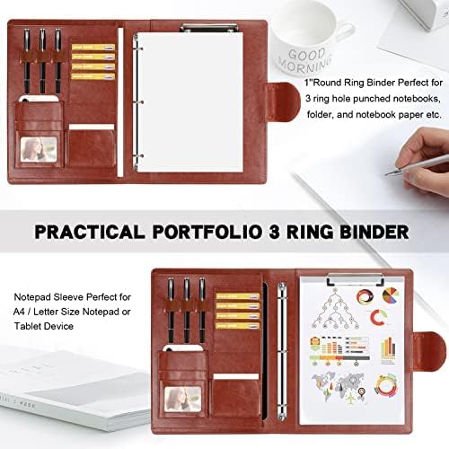 Toplive Portfolio 3 Ring Binder Padfolio Folder, Business Interview Resume Portfolio for Women Men A4/Letter Size Document Organizer with Clipboard Receipt Sleeve Card Holder, Brown