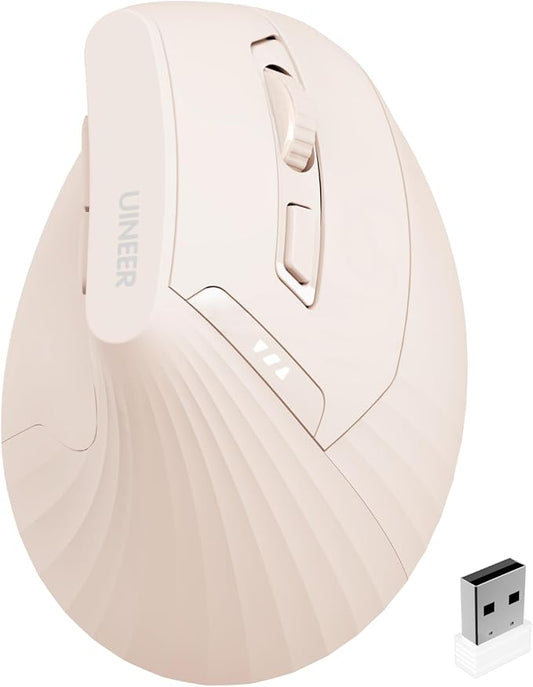 Uineer Ergonomic Vertical Mouse, 2.4G Wireless Mouse, Rechargeable, 4-DPI | Right-handed vertical design with 2.4G USB-A connection, rechargeable battery and visible battery level.