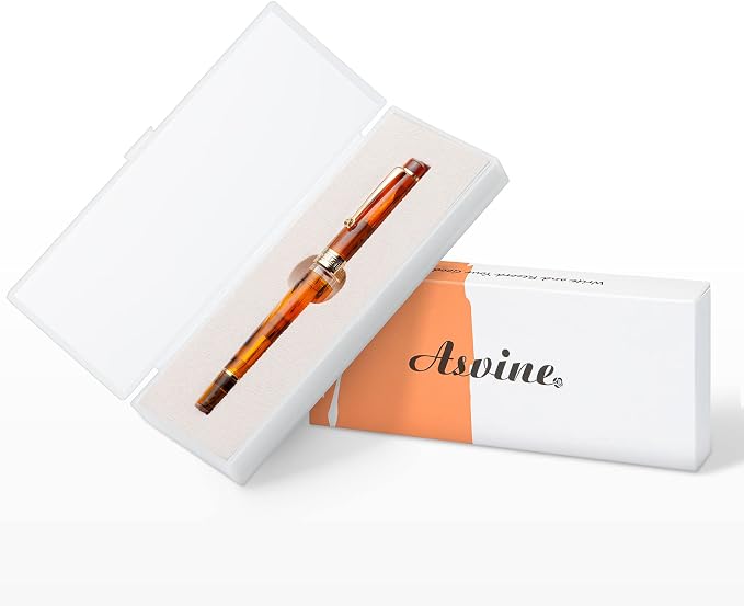 Asvine P20 Piston Fountain Pen Amber Resin, Iridium Extra Fine Nib Gold Trim Smooth Writer Collection with Case Set