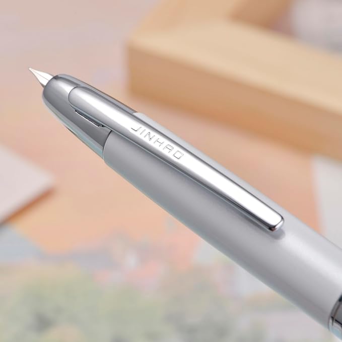 Jinhao 10 Press Fountain Pen with Box, Pearl White Retractable Fine Nib with Converter Set (Silver Clip)