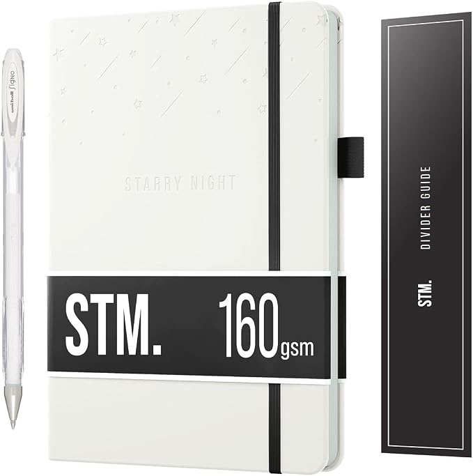 Scribbles That Matter Black Paper Bullet Dotted Journal Notebook | A5 Starry Night Free white gel pen | 160gsm Blackout no-bleed dot grid paper | For Men and Women | 5.75 x 8.5 in | White