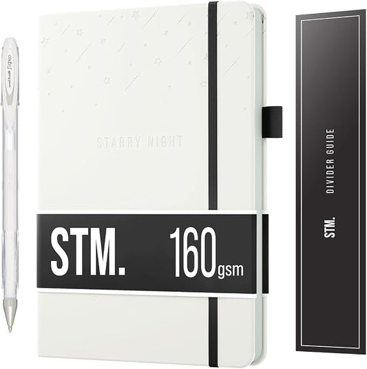 Scribbles That Matter Black Paper Bullet Dotted Journal Notebook | A5 Starry Night Free white gel pen | 160gsm Blackout no-bleed dot grid paper | For Men and Women | 5.75 x 8.5 in | White