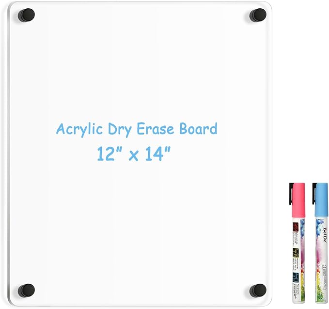 Clear Acrylic Dry Erase Board, 12" X 14" Black Non-Magnetic Frameless Clear White Board for Wall, Erasable Acrylic Board for Wall, Home, Office, School, 2 Markers