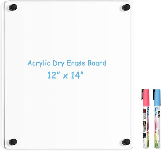 Clear Acrylic Dry Erase Board, 12" X 14" Black Non-Magnetic Frameless Clear White Board for Wall, Erasable Acrylic Board for Wall, Home, Office, School, 2 Markers